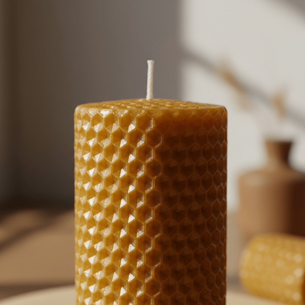 Side-by-side air quality contrast between a clean beeswax candle and a smoky paraffin candle