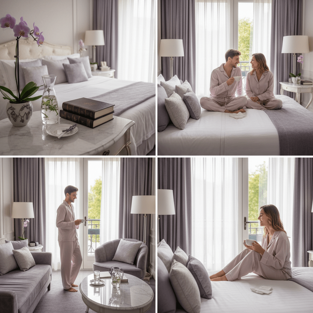 Hotel content team creating social media visuals with room, pool, and local experiences