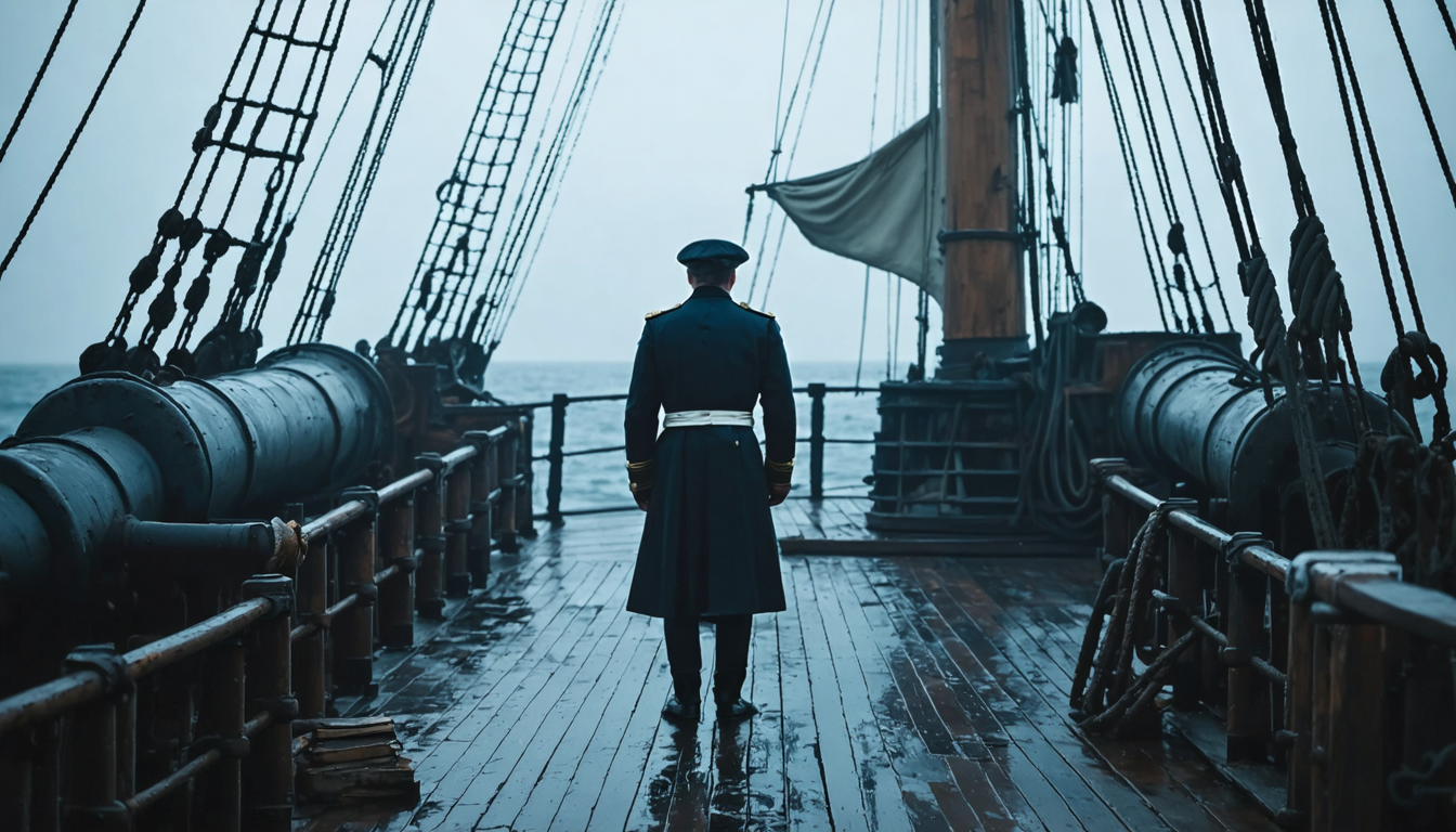 A nineteenth-century naval officer standing motionless on a warship deck in gray morning light.