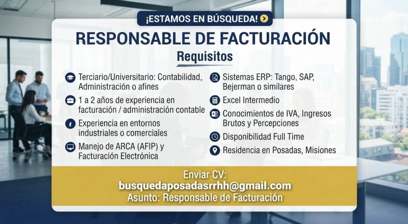 Se Busca Auxiliar Administrativo Responsable de Facturacion en Posadas