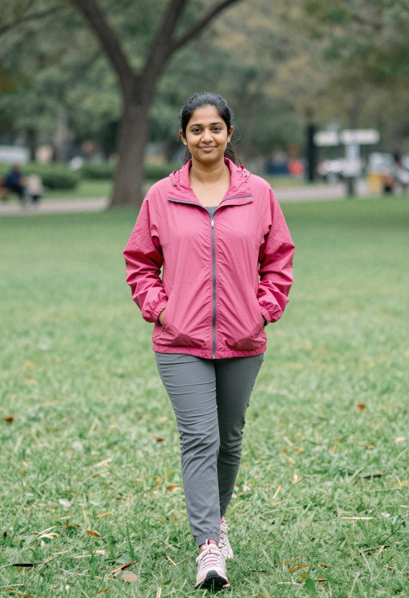 Woman in fuchsia windbreaker and slate grey hiking pants ready for spring weather on the trail