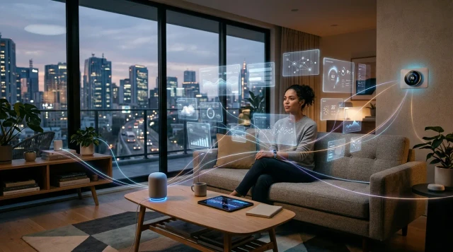 Person in modern smart home surrounded by glowing interconnected AI devices at twilight, contemplative mood