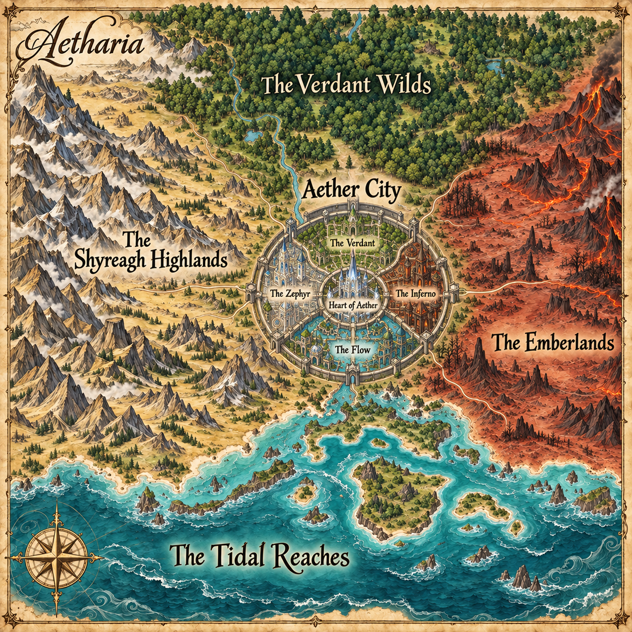Map of Aetharia and its elemental realms.