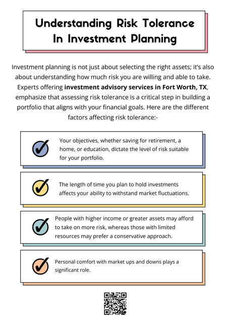Understanding risk tolerance is a cornerstone of successful investment planning. By considering financial goals, time horizon, income, and emotional comfort, you can create a strategy that balances growth with stability. Engaging with experts offering investment advisory services in Fort Worth, TX, ensures that your portfolio aligns with both your risk capacity and long-term financial objectives, providing confidence and clarity in your investment journey. To know more visit here https://www.alignedwealthadv.com/