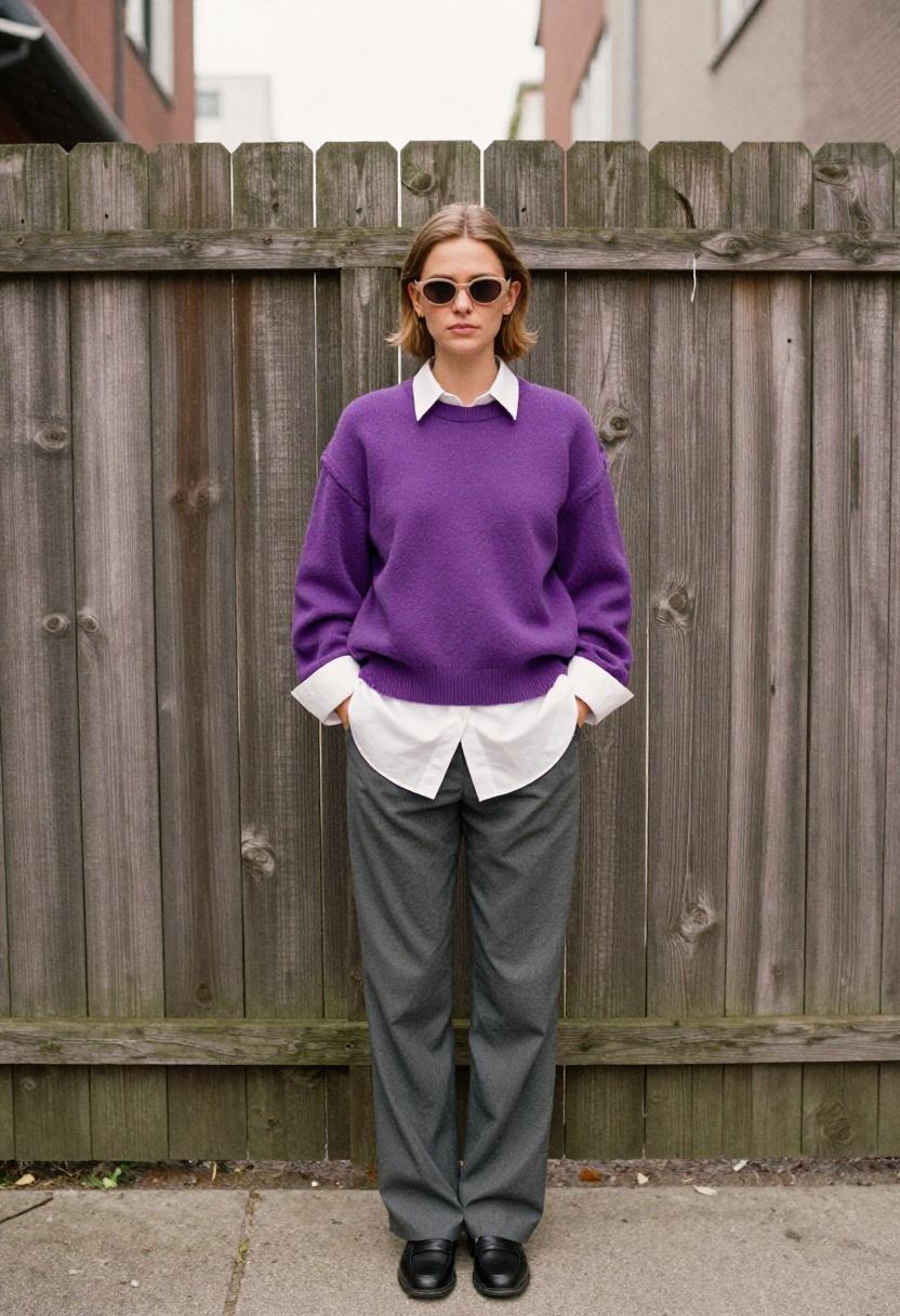 Electric purple sweater vest over open white button-down with tailored trousers, preppy meets urban street style