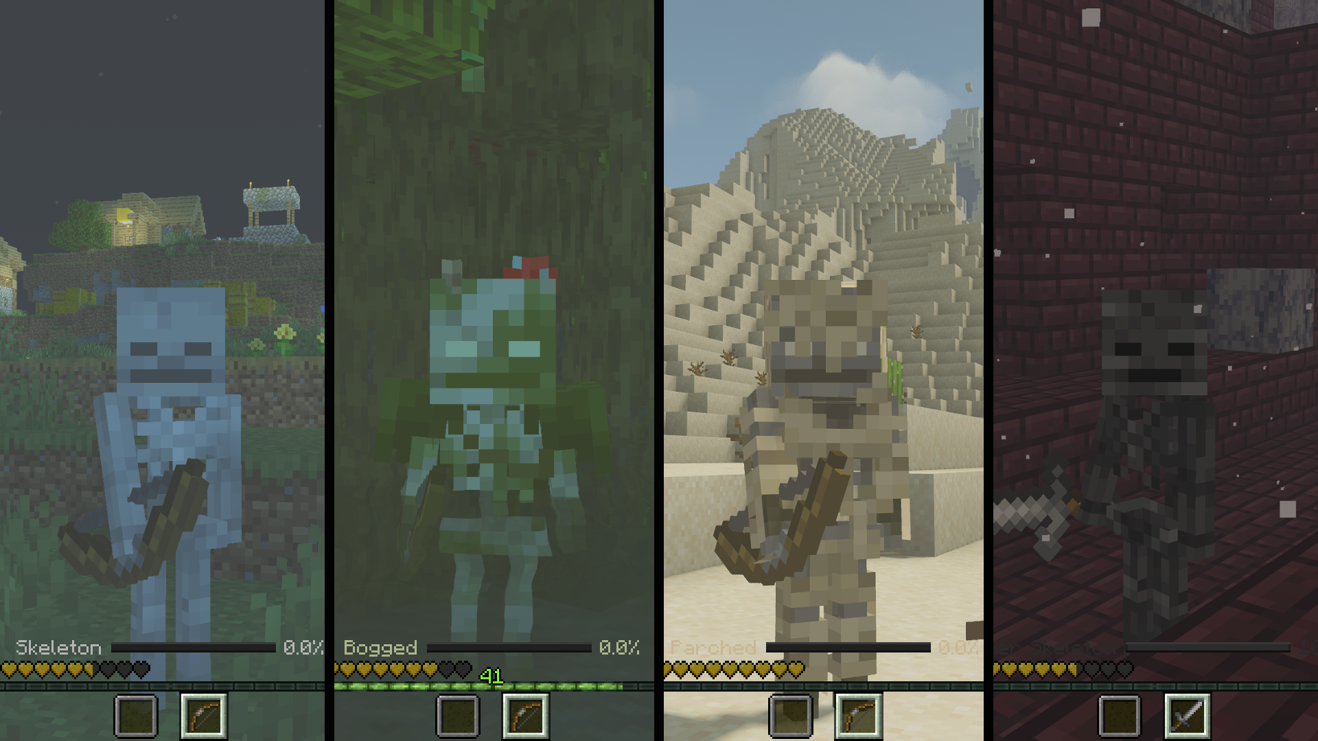 skeleton, bogged, parched and wither skeleton