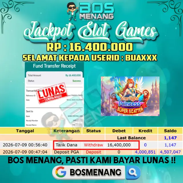 Tanggal 09 JULI 2026 - JACKPOT SLOT GAMES - Starlight Princess Super Scatter (PRAGMATIC PLAY)  Rp 16.400.000,-