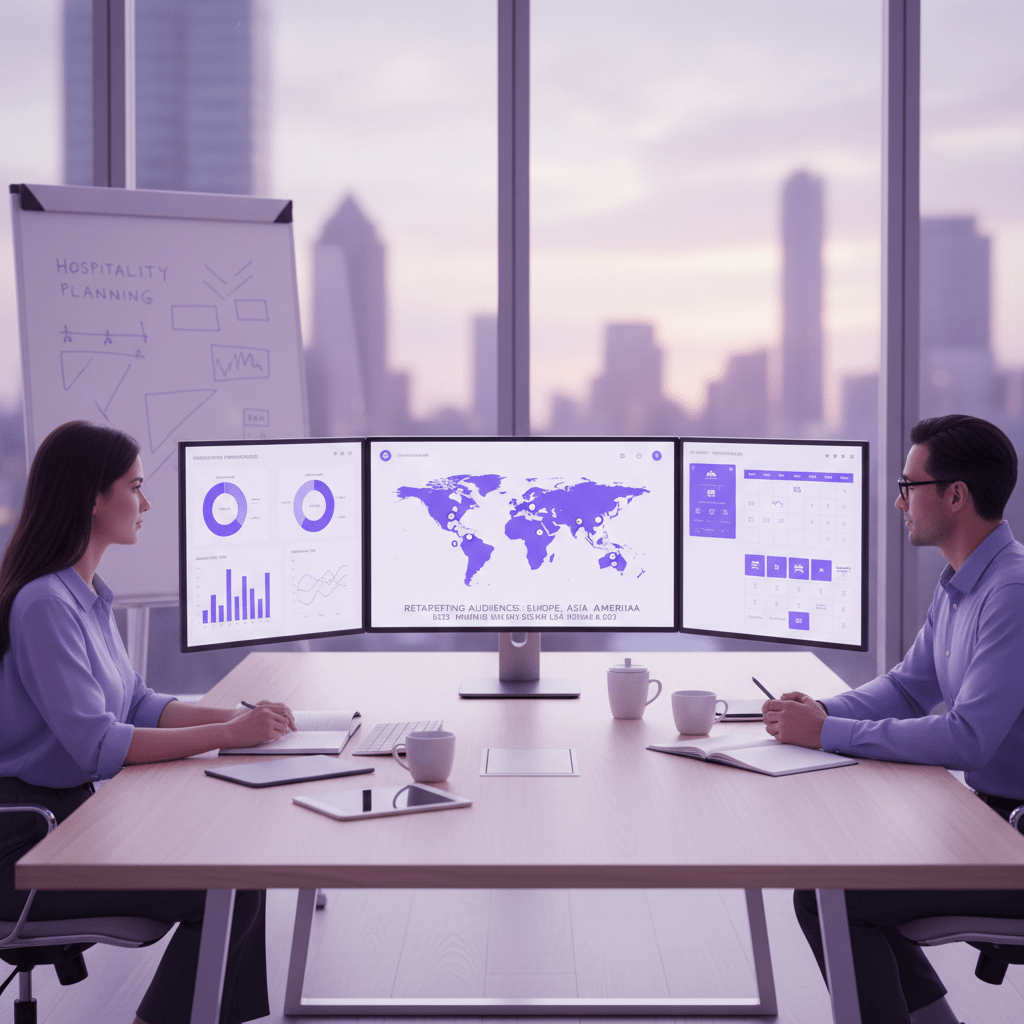Marketing team analyzing retargeting audiences and booking data