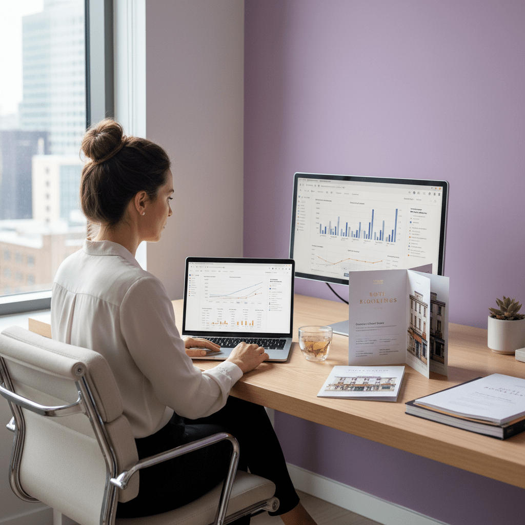 Hotel marketer reviewing search analytics and booking reports