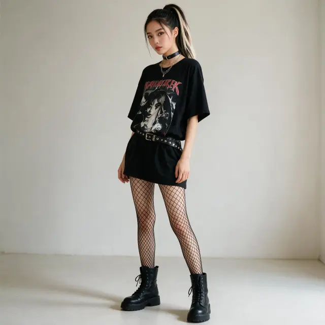 A girl with two-tone hair in high ponytail, wearing an oversized black graphic T-shirt as a dress, thick fishnet tights, black platform combat boots, studded belt, layered silver necklaces, and black choker, standing in an indoor minimal space, looking melancholic, three-quarter view
