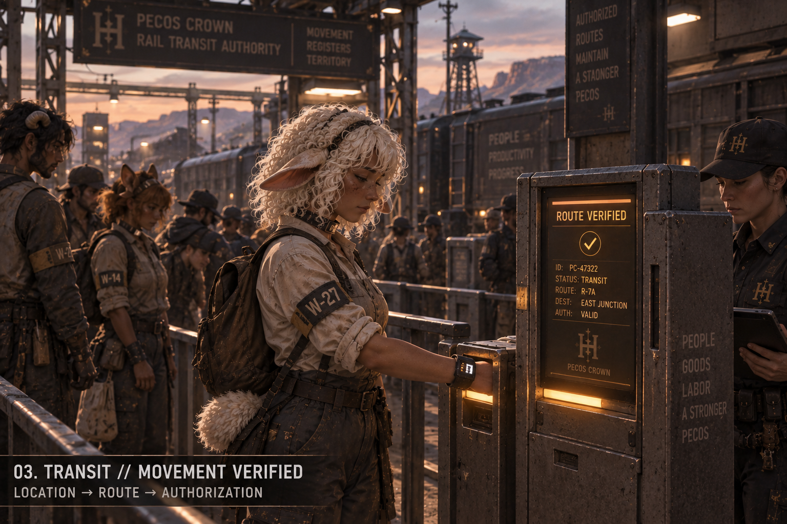 Registered demi-human worker verifying an authorized movement route