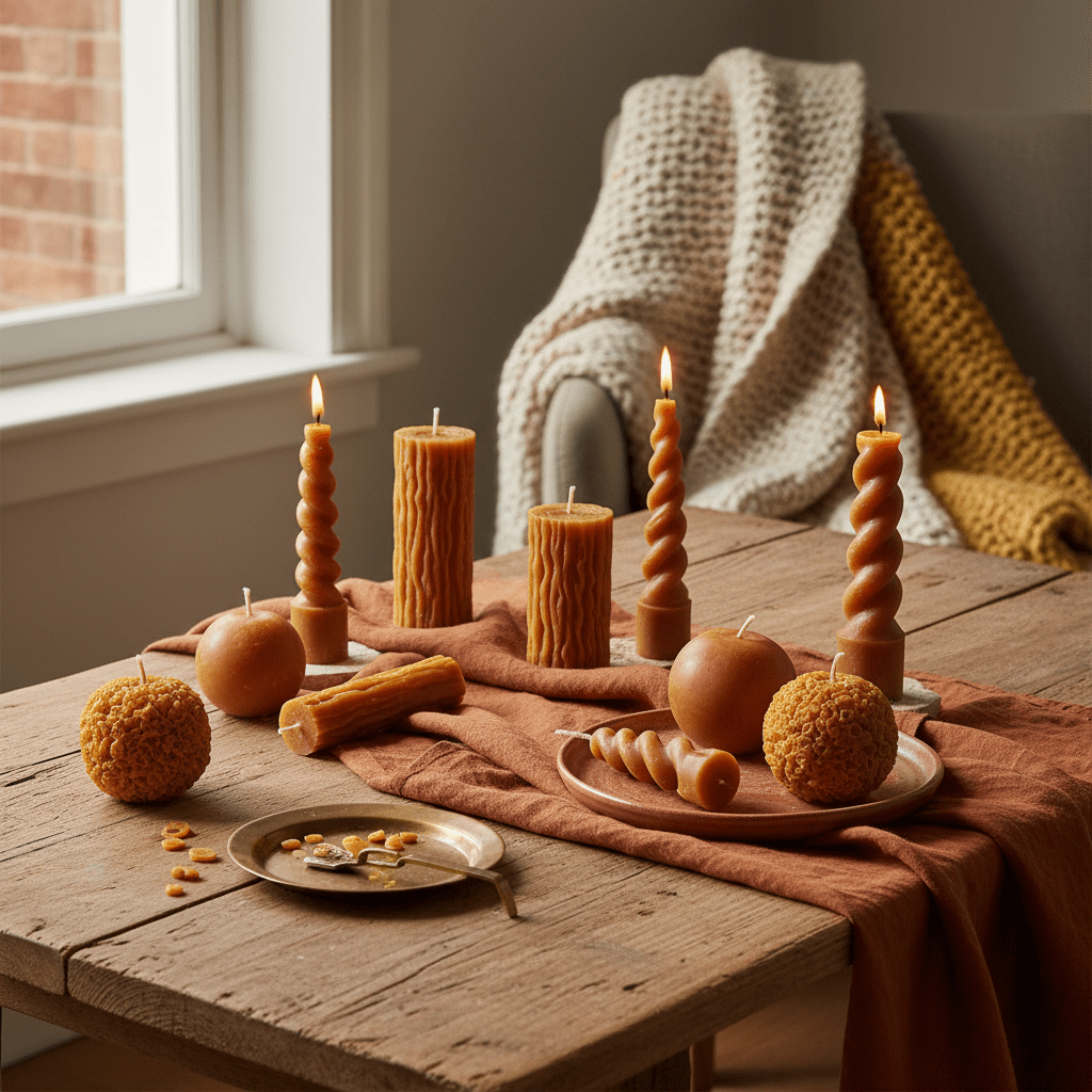 Assorted beeswax candle shapes styled on a warm table