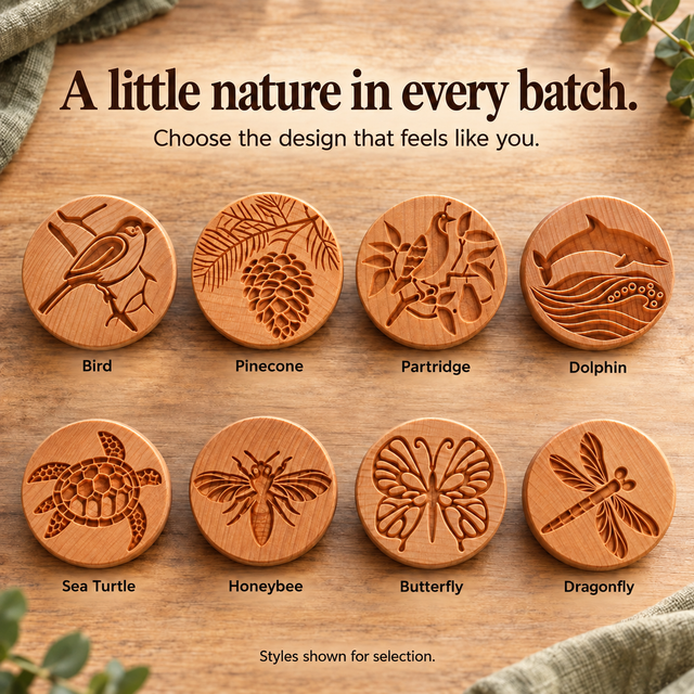 Nature themed wooden cookie stamp designs including birds pinecones bees and butterflies