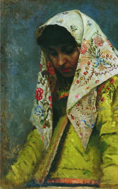 Голова молодой женщины в узорчатом платке 1888