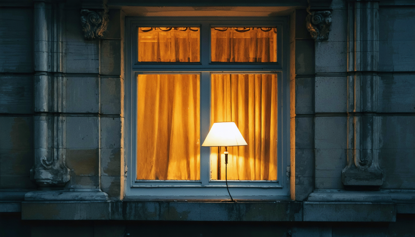 A single lit window in an old Parisian apartment building at night, curtains slightly parted, warm interior light falling onto rain-wet stone.