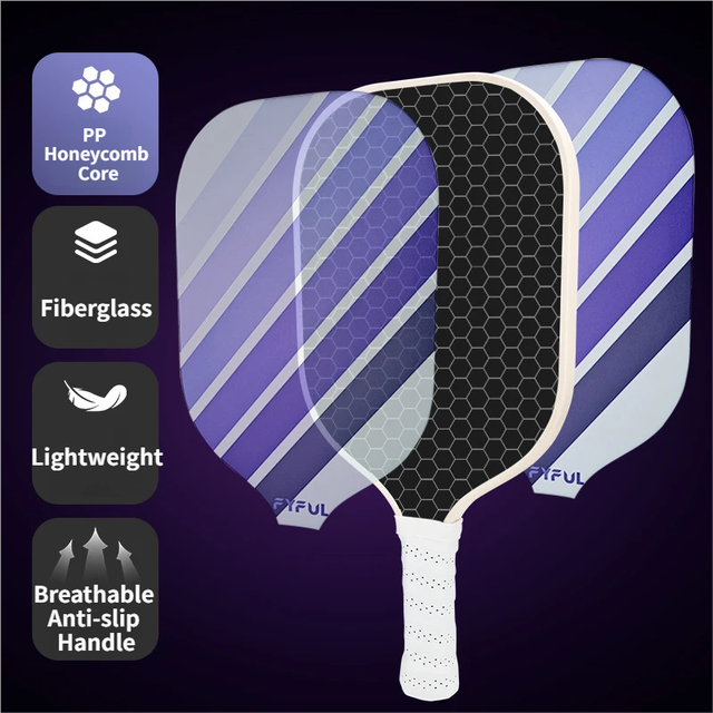 White + Blue + Purple Striped Fiberglass Pickleball Paddle Set – 2 Ultra Lightweight Pickleball Rackets + 4 Balls + Carry Bag for Outdoor Play - Large Sweet Spot, Shock-Absorbing Silicone Grip and TPU Edge Guard