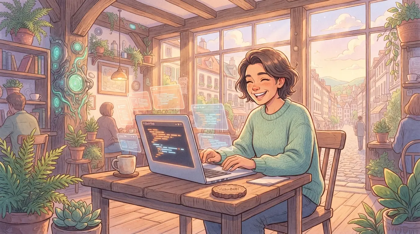 노트북 화면에 클로드 코드 터미널이 띄워진 모습과 토큰 절약 팁을 연구하는 30대 노마드 개발자