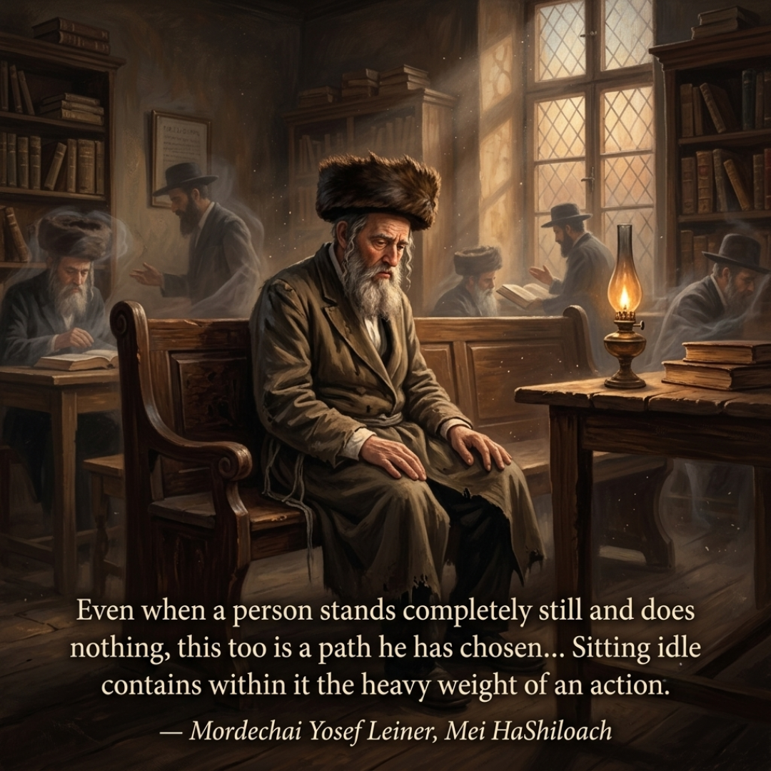 A seated Chassidic man in a sunlit beis medrash, with a Mei HaShiloach quotation about inaction.