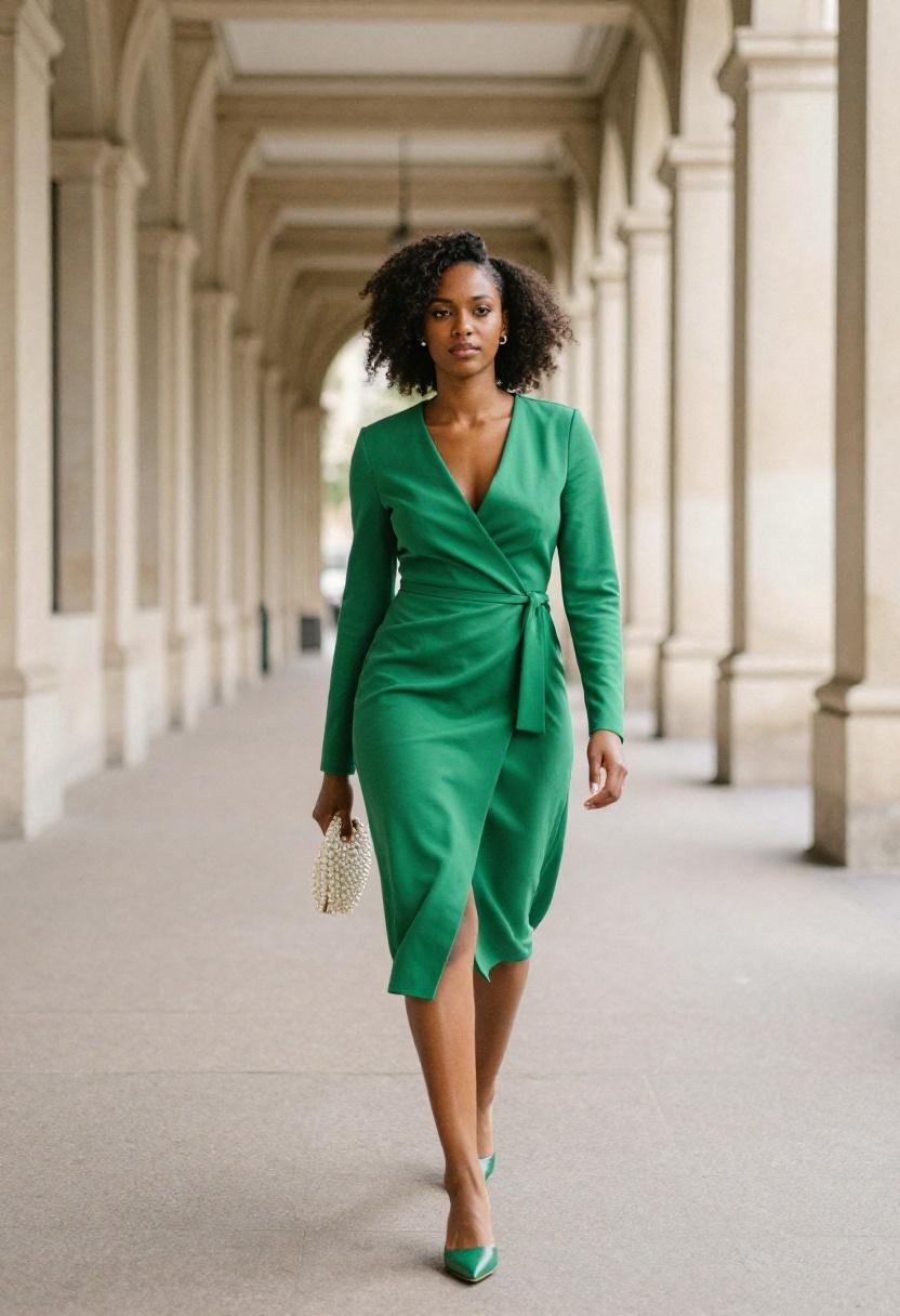 Emerald wrap dress mid-stride through classical colonnade city hall elopement