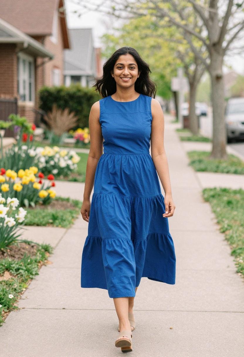 Cobalt blue tiered midi dress worn on an everyday neighborhood stroll in spring