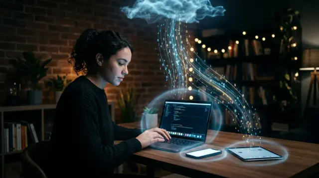 Person illuminated by multiple device screens in dark room with glowing data particles rising upward, contemplative mood