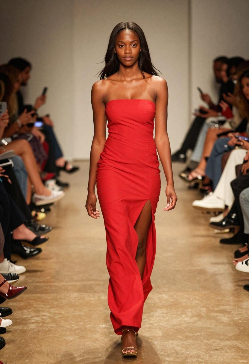Floor-length crimson gown with thigh-high slit channeling pure award-show energy on the runway