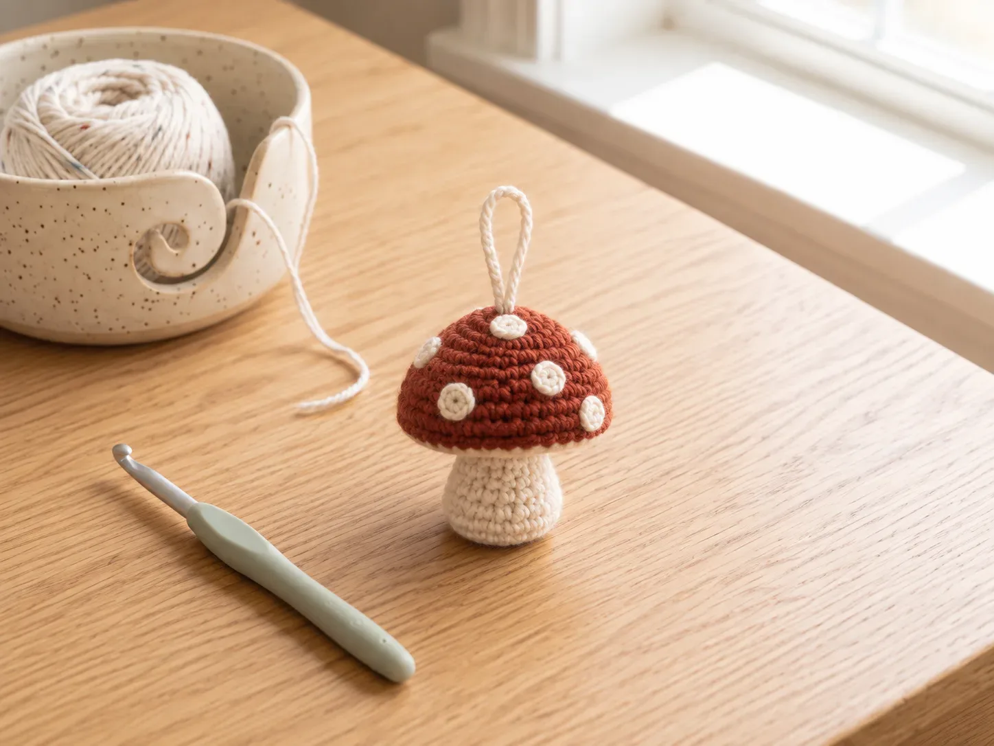 Woodland Mushroom Christmas Ornament finished crochet project