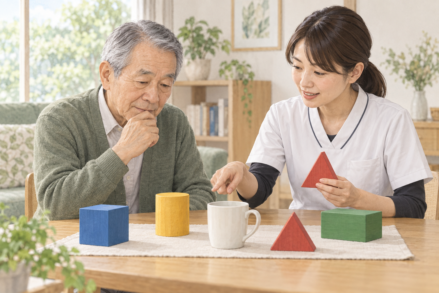 物の位置関係を専門職と一緒に確認する場面