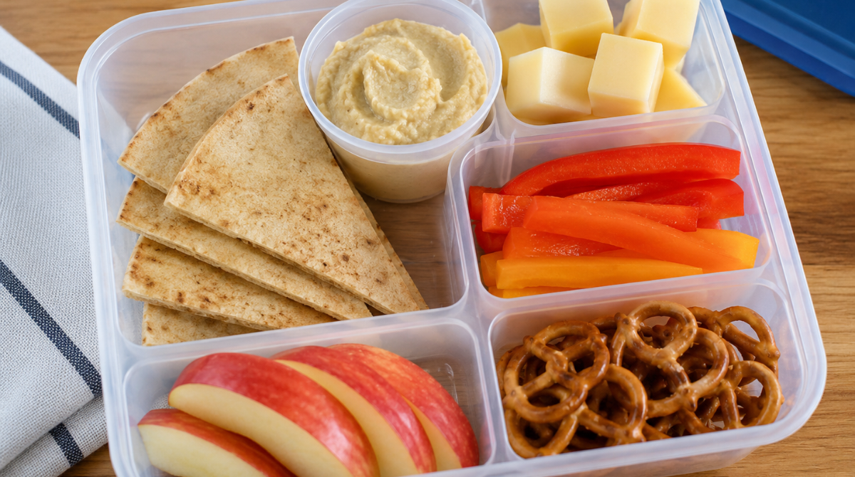 Nut-free school lunch with hummus, pita, cheese cubes, bell peppers, apple slices, and pretzels