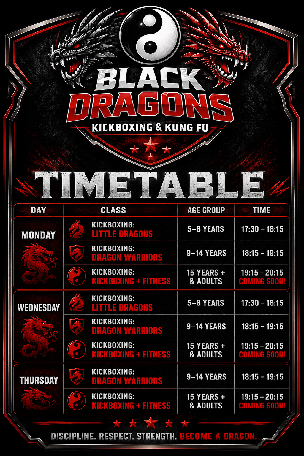 Black Dragons Academy Timetable