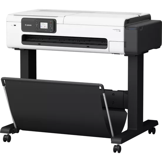 Canon TC-21 large format printer for CAD and technical documents, displayed on its ergonomic stand with a roll of black paper ready for printing