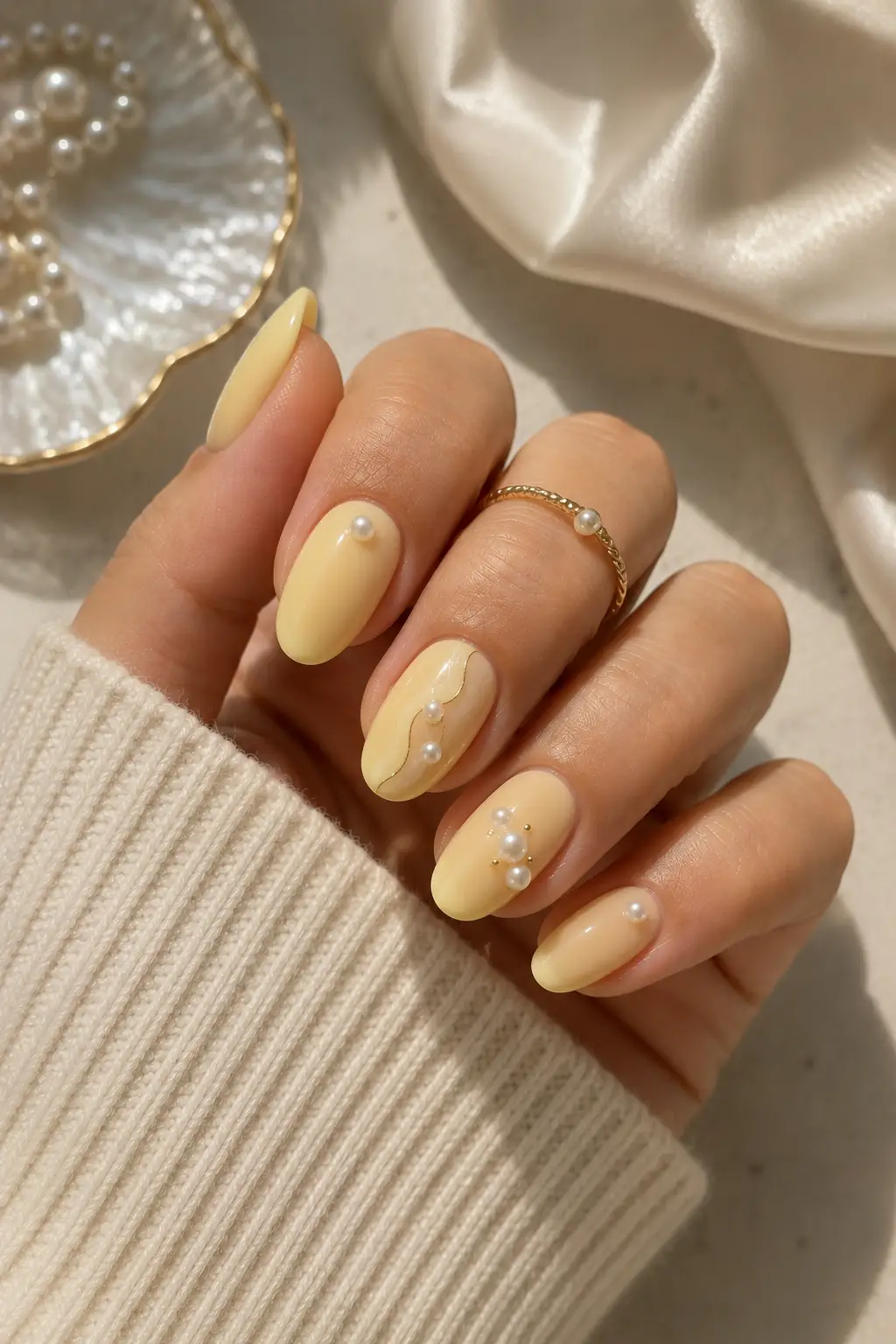 Butter Yellow with Pearl Accents Oval Nails