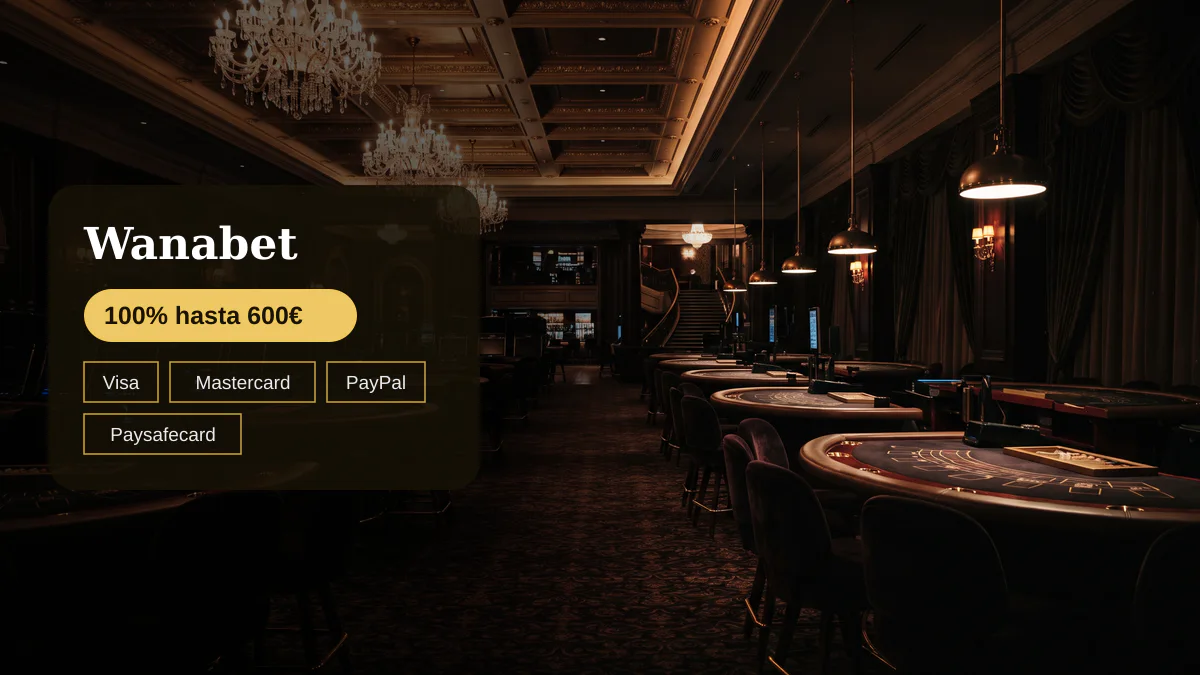 Wanabet casino — bono de bienvenida 100% hasta 600€, pagos: Visa, Mastercard, PayPal, Paysafecard, Trustly