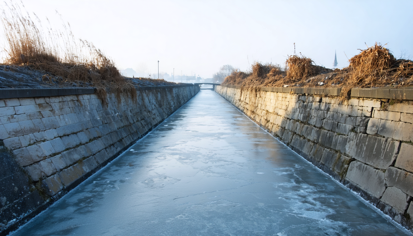 A frozen canal in a city at dawn, the ice surface reflecting pale blue light, with wild grasses growing along the stone banks.