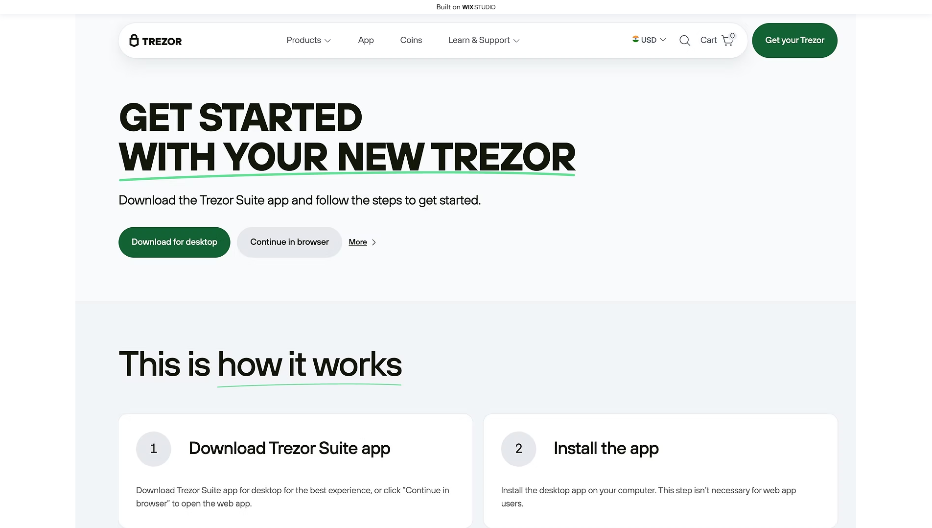Forensic screenshot of started-ioapp-trexor.wixstudio.com showing the phishing page layout