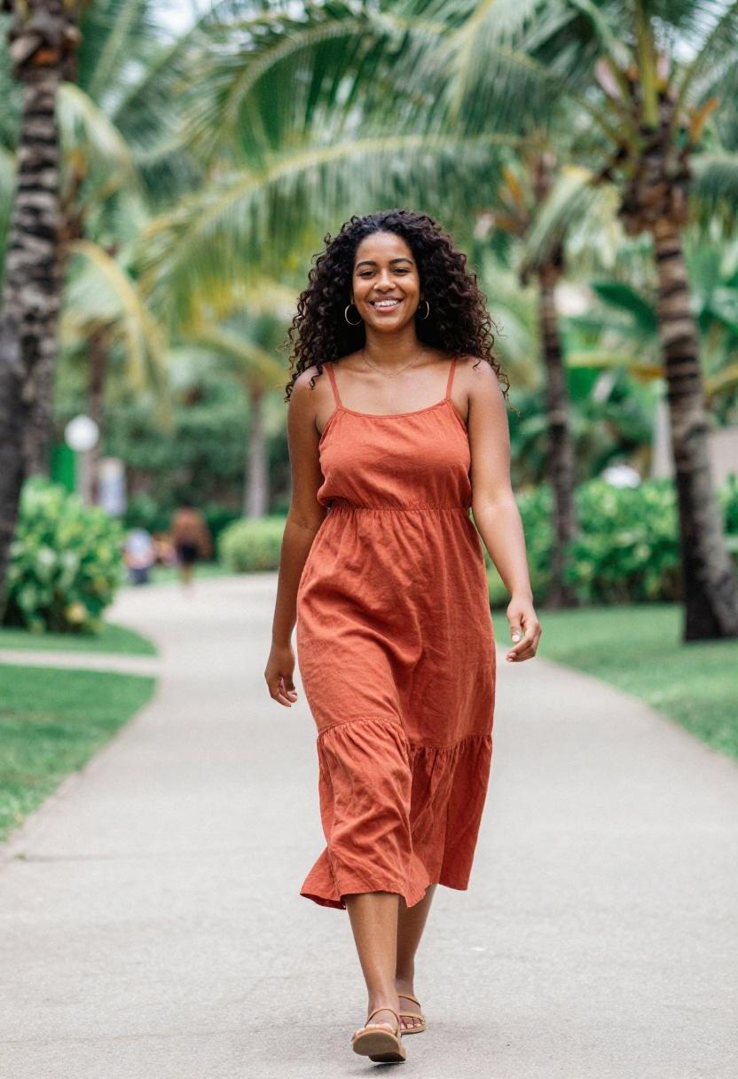 Terracotta linen midi dress on a tropical resort path