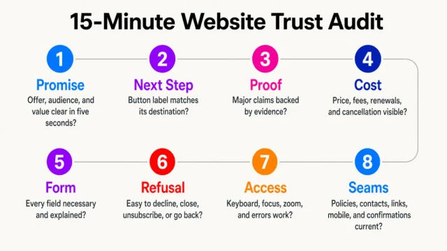 Eight-step website trust audit covering promise, next step, proof, cost, form, refusal, access, and seams