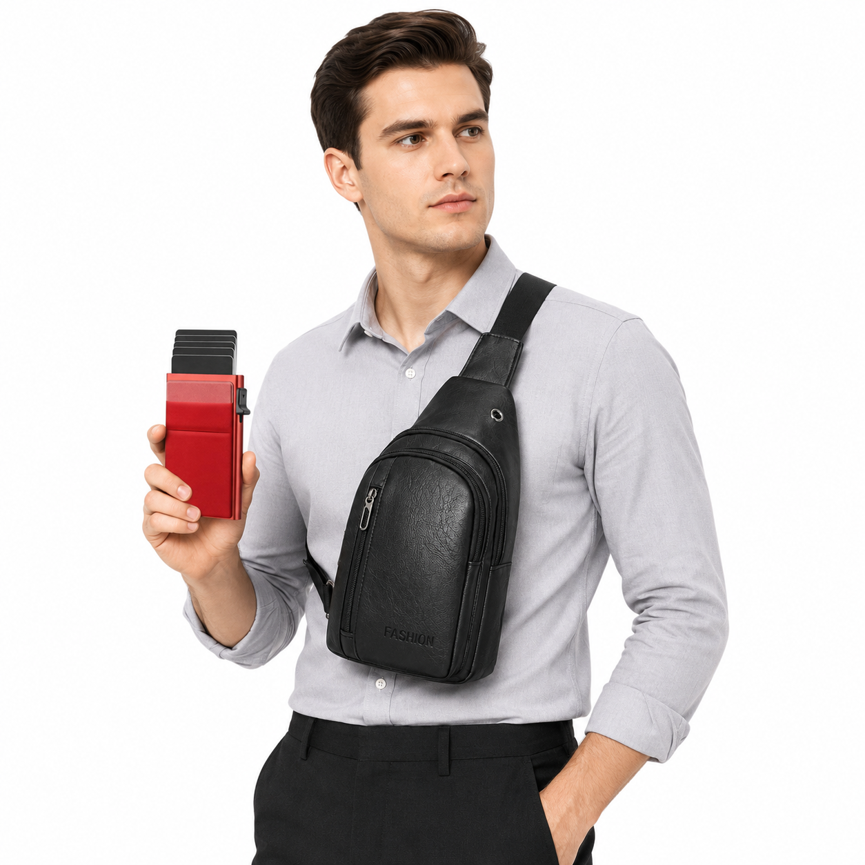 Office Commuter Business Set-Black Men's PU Leather Chest Bag and Red RFID Blocking Aluminum Wallet - Waterproof Crossbody Sling Bag with Multi Pocket Storage, Slim Pop Up Card Holder, Lightweight Travel & Daily Commute Essentials