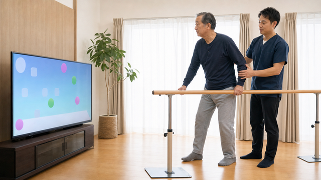 安定した支持物を使い、作業療法士の見守りで体重移動ゲームに取り組む場面