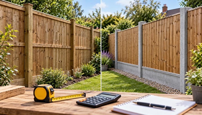 Timber fence posts compared with concrete fence posts and gravel boards in a garden, with a tape measure, calculator and notebook in the foreground.