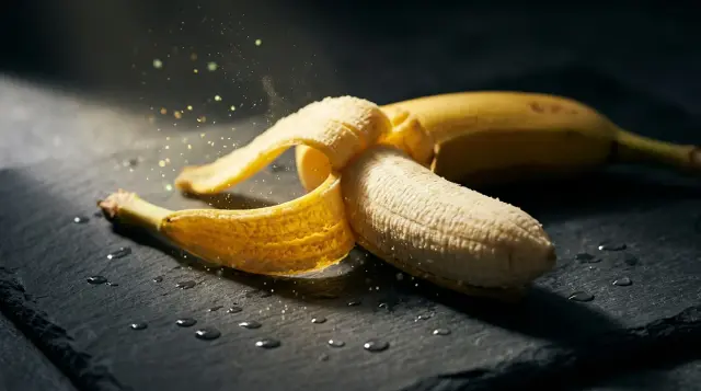 Dramatically lit peeled banana on dark slate with subtle glowing particles, mysterious mood