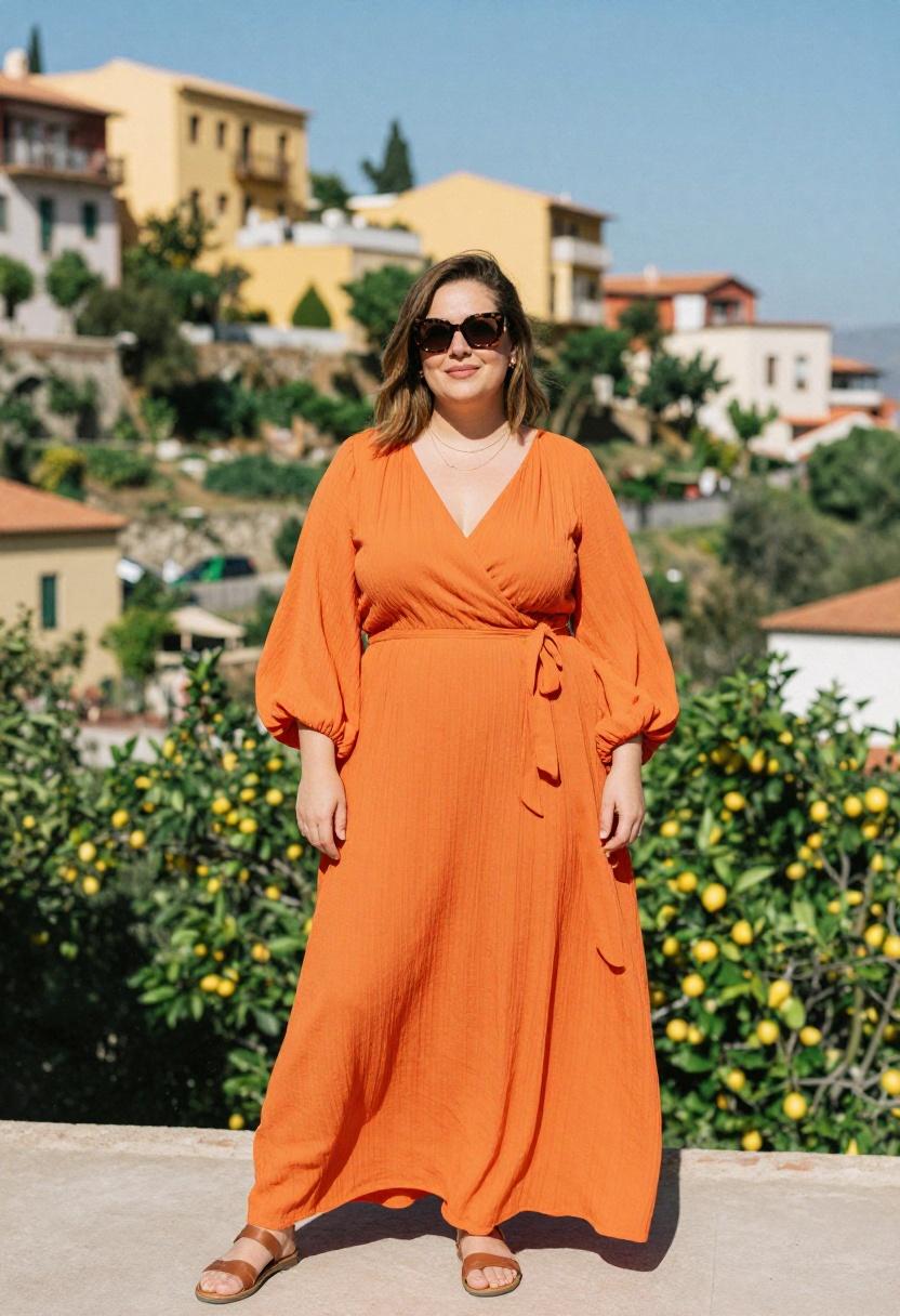 Plus size woman in tangerine chiffon maxi wrap dress with gold necklaces and flat sandals on terraced hillside