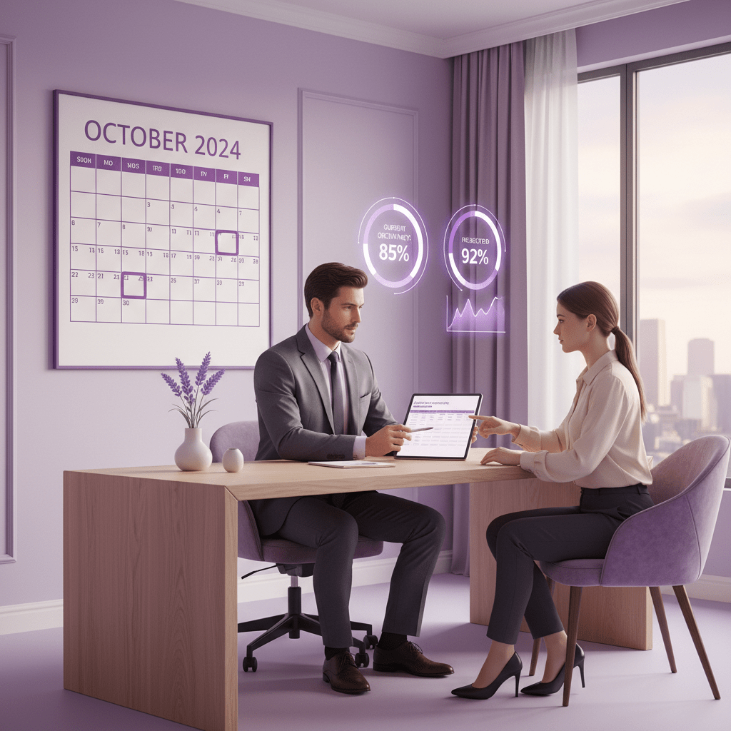 Hotel marketing planning scene with calendar, occupancy charts, and promotional strategy