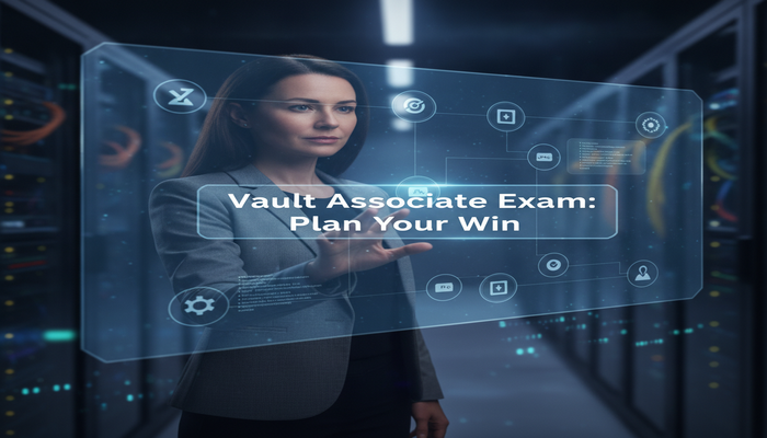 Vault Associate Exam: Plan Your Win A professional interacting with a holographic display that visualizes organized HashiCorp Vault Associate exam study plans and security concepts, symbolizing clarity and control over exam overwhelm.