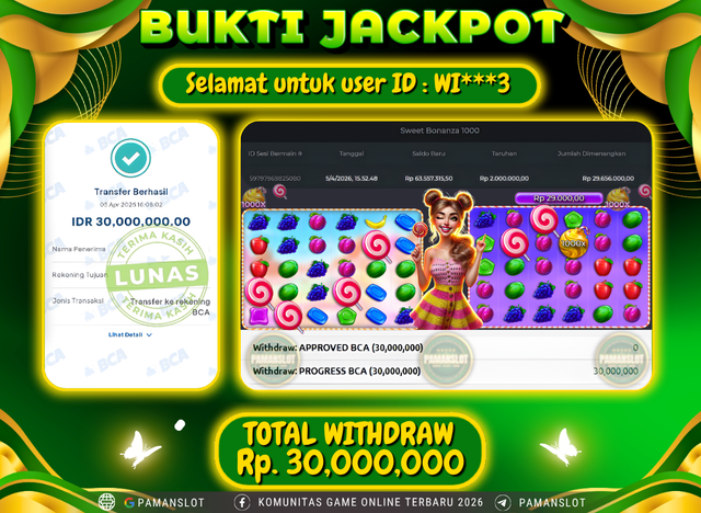 Selamat kepada Member PAMANSLOT Game Sweet Bonanza 1000 : WI***3