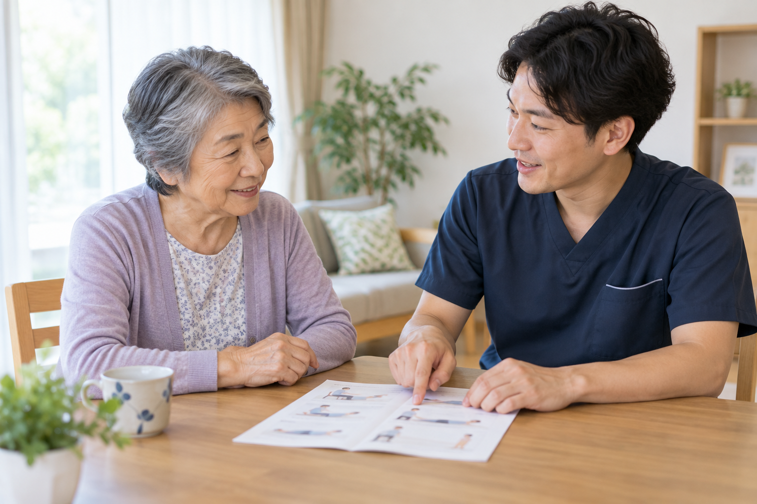 THA後の生活動作について専門職と相談する高齢者