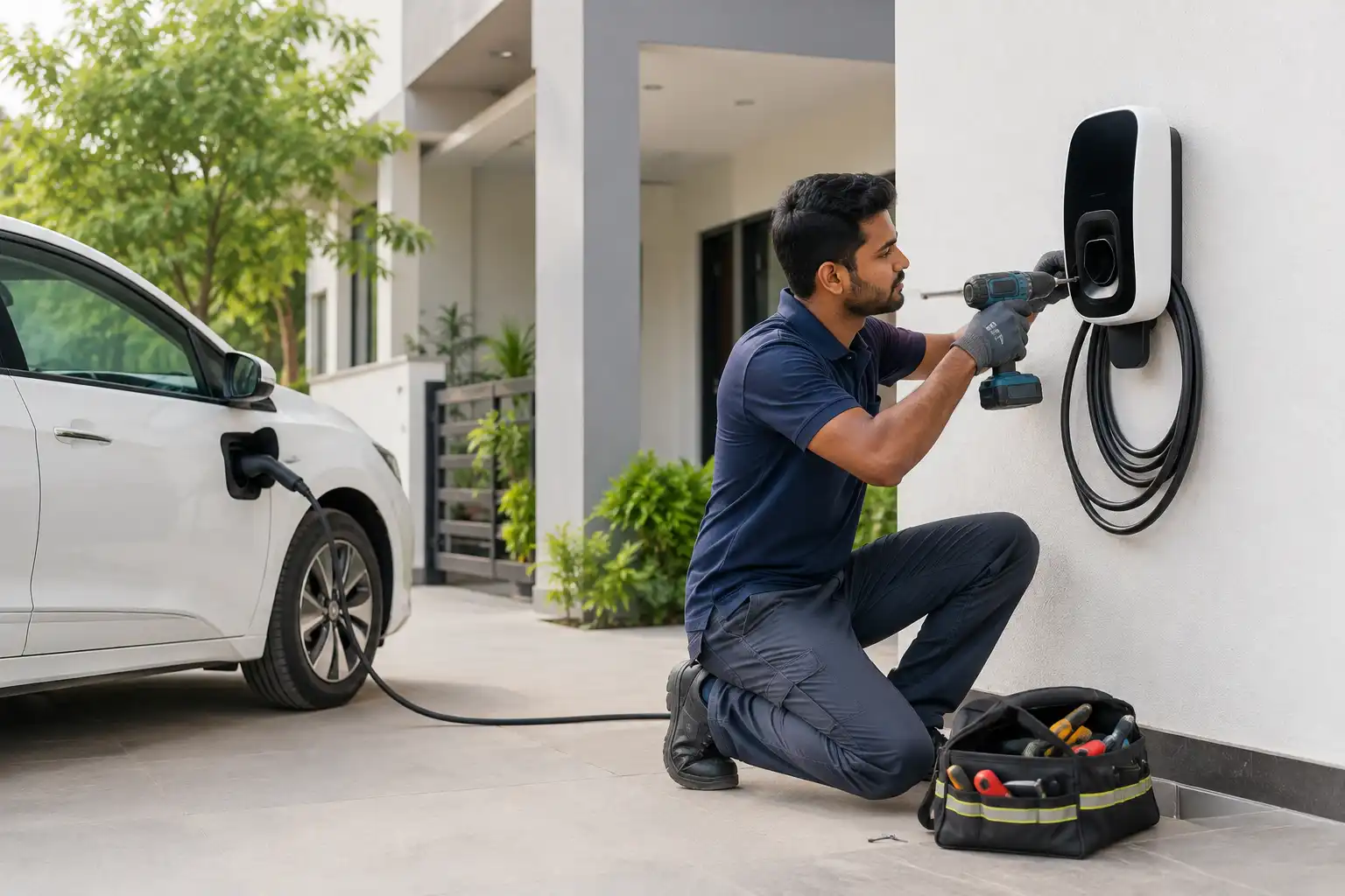 Technician installing a home EV charger
