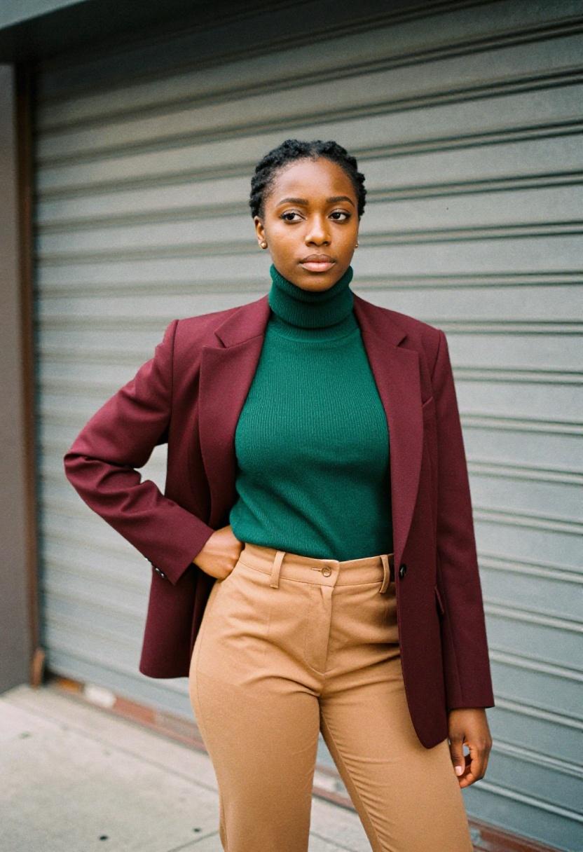 Emerald green turtleneck under a deep burgundy blazer creating rich jewel-tone contrast for spring professionals