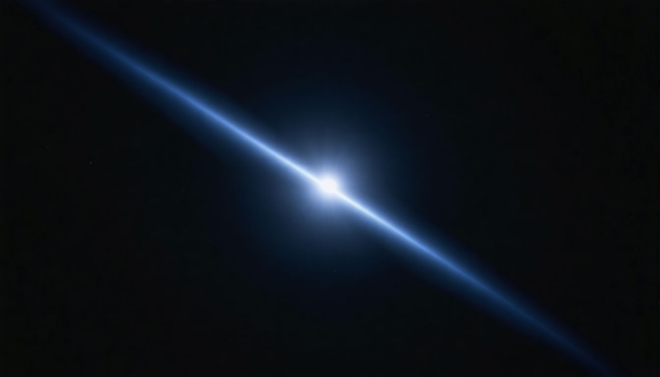 A pale blue dot of light against deep black space