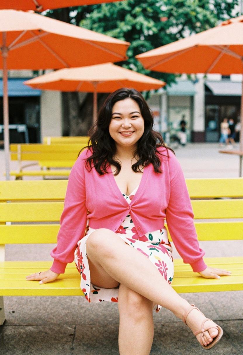 Plus-size woman in fuchsia cropped cardigan over floral slip dress, seated in sunny plaza, spring outfit
